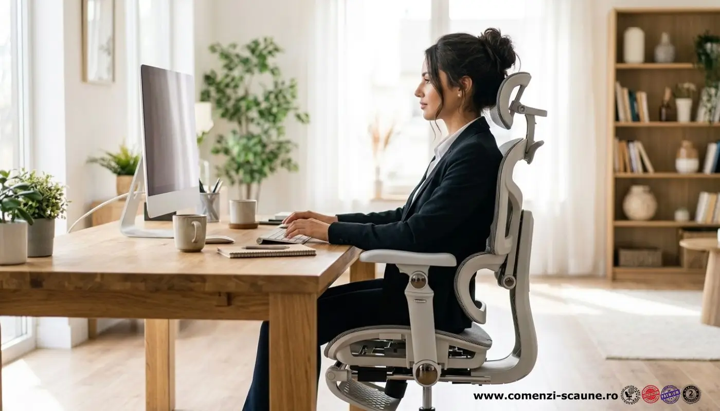 Scaun ergonomic SYYT 9524 gri cu spătar mesh, brațe reglabile 7D și suport pentru picioare